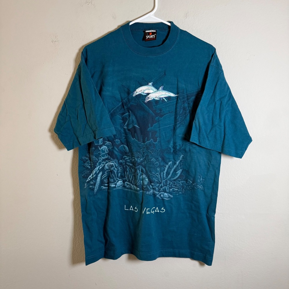 Vintage Signal Sports Las Vegas Dolphin‎ Sea Turtle Teal Graphic T-Shirt Mens L